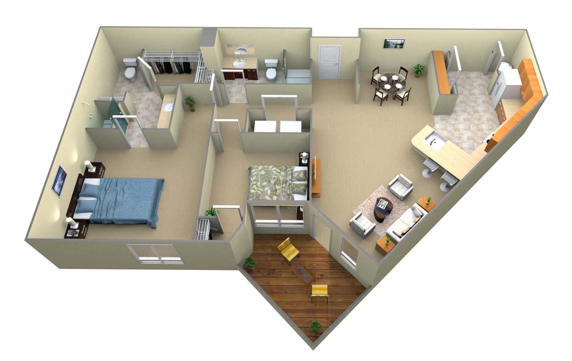 Floor plan for 2 beds, 2 baths, 1269 sqft